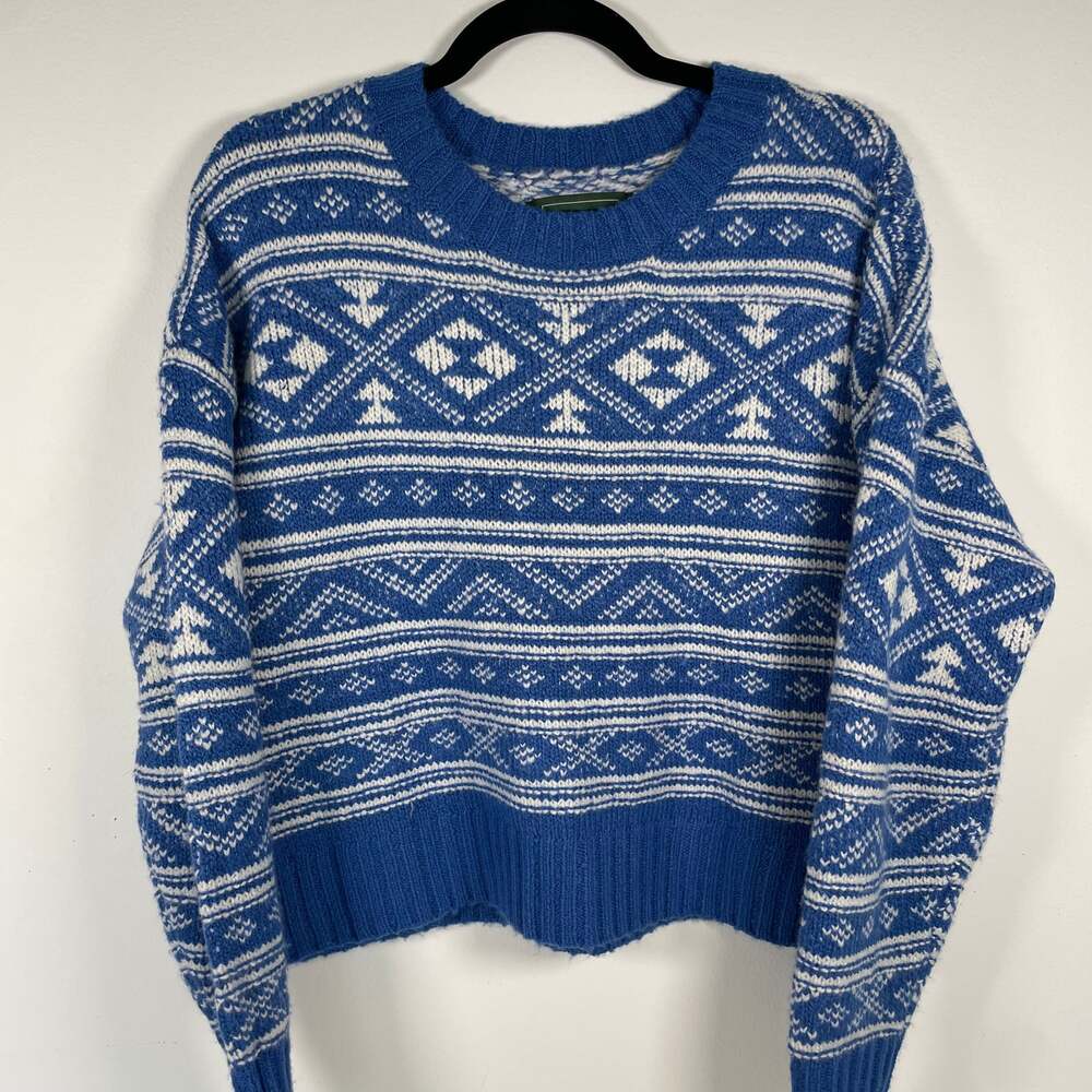 American Eagle Fair Isle Snowdrift Blue & White Pullover Knit Sweater Sz M